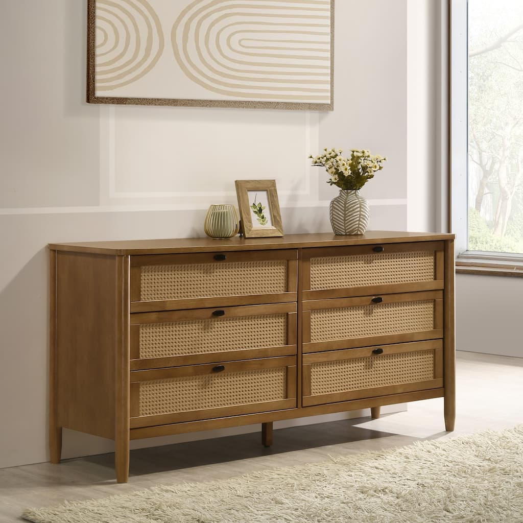 Double Dresser with 6 Rattan Drawer, Floor Standing Wooden Storage Cabinet, Clothing Organizer with Solid Wood Legs