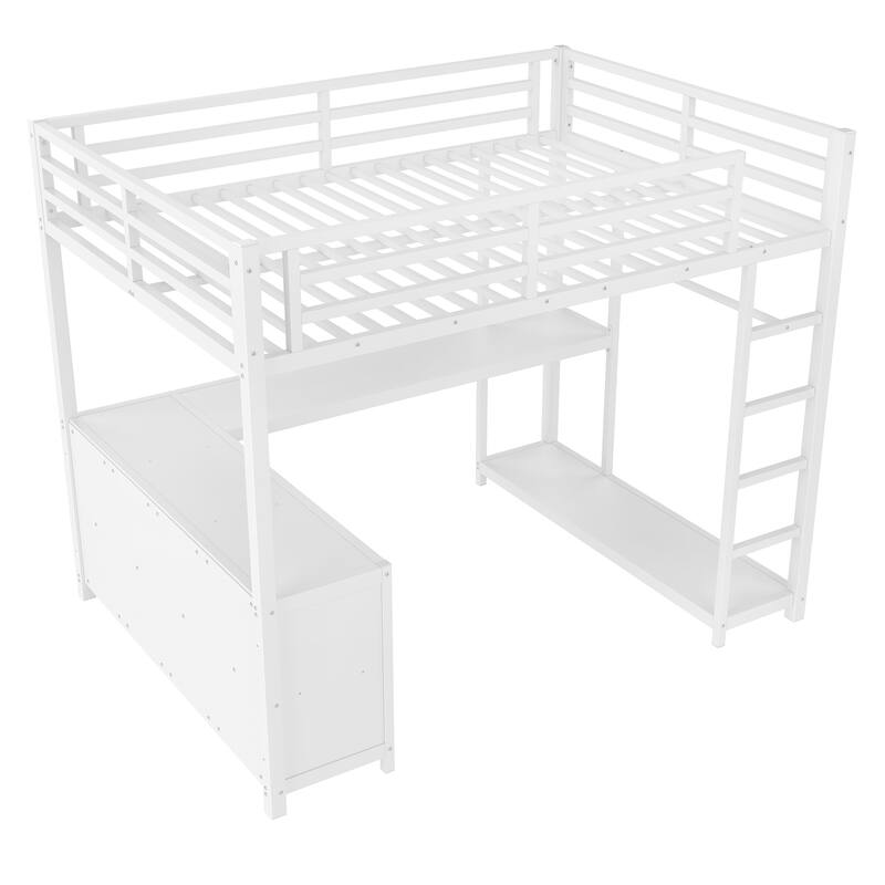 Metal Loft Bed with Wardrobe and L-shaped Desk, Full Size Loft Bed with Storage Cubes and Shelves