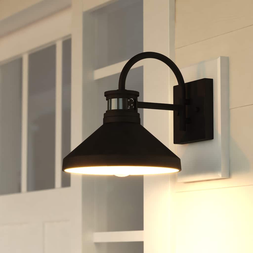 VAXCEL Highland Park Matte Black and White Motion Sensor Dusk to Dawn Outdoor Wall Sconce Light Fixture, Steel Shade