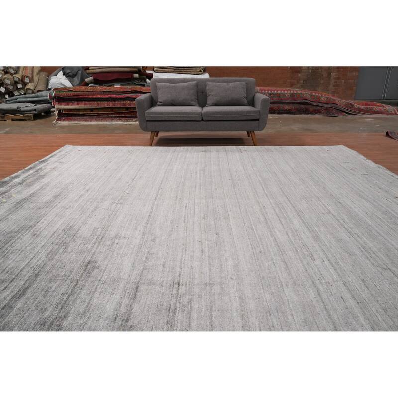 Hand Knotted Oriental Viscose Silk Carpet Tribal Animal Pictorial Greys & Charcoal Gabbeh Area Rug - 11' 10'' X 12' 4''