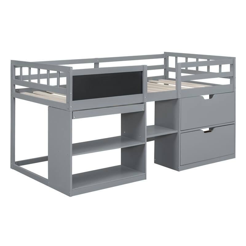 Twin Size Low Loft Bed with Rolling Desk, Shelf, and Drawers in Gray