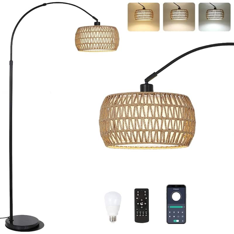 Arc Floor Lamps for Living Room with 3 Color Temperatures, Black Standing Lamp with Remote & Dimmable LED Bulb - Brown+Black