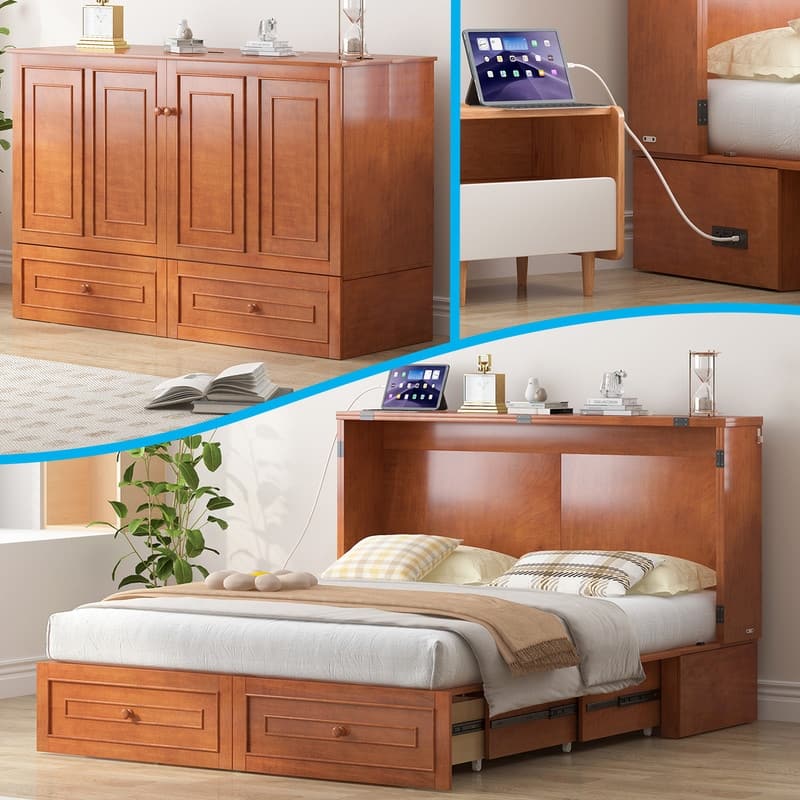 Mixoy Queen Modern Murphy Bed Chest with Mattress and Storage Drawer - Cherry - Queen