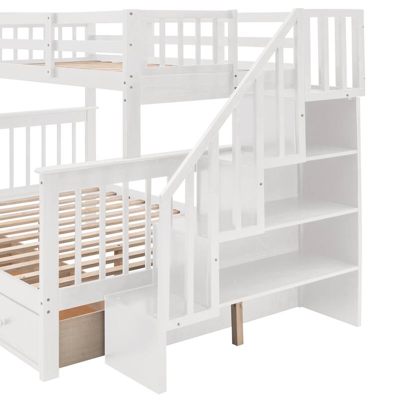 Twin-Over-Full Bunk Bed with Drawer, Storage, and Guard Rail, White
