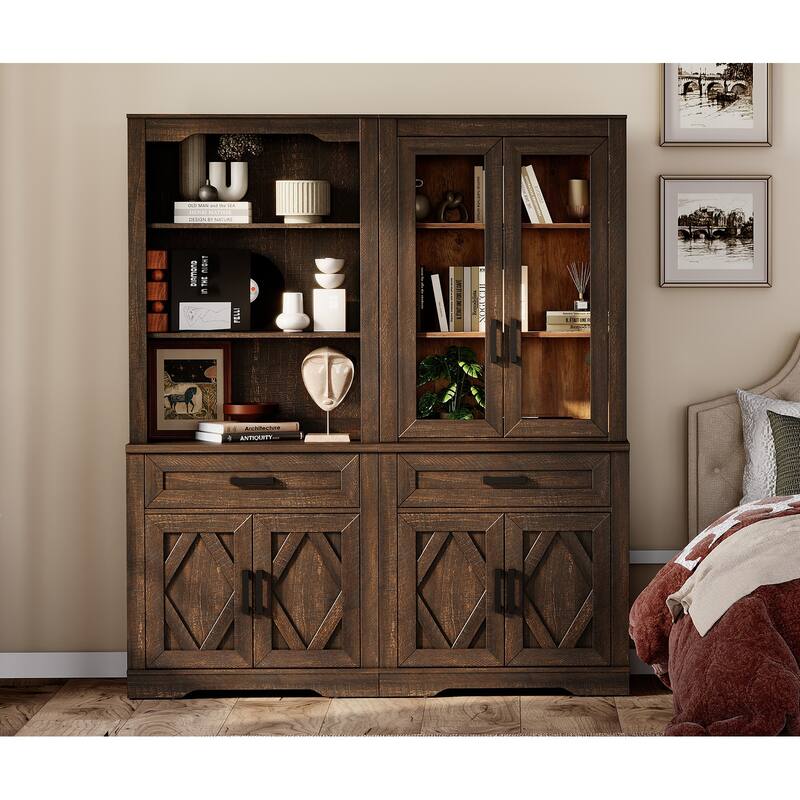 5 Tier Bookcase with Barn Door,73.3" Tall Open Storage Bookshelf