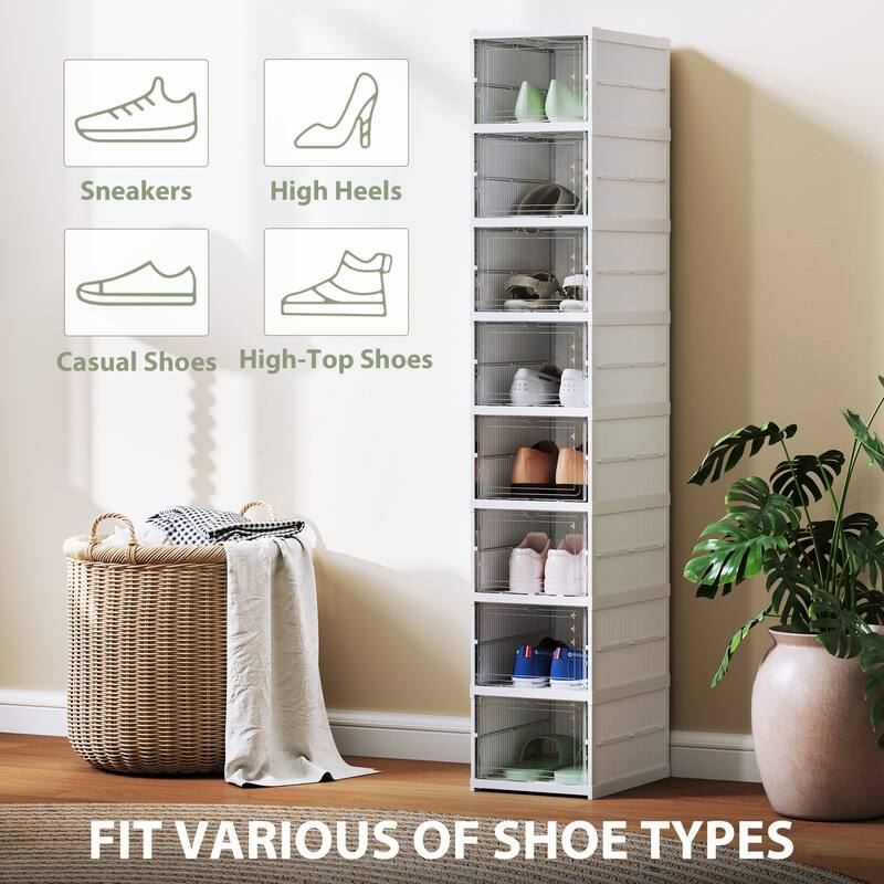 HOMCOM 8 Pack Foldable Shoe Organizer, Plastic No Assembly Stackable Shoe Storage Box with Clear Door, Space Saving