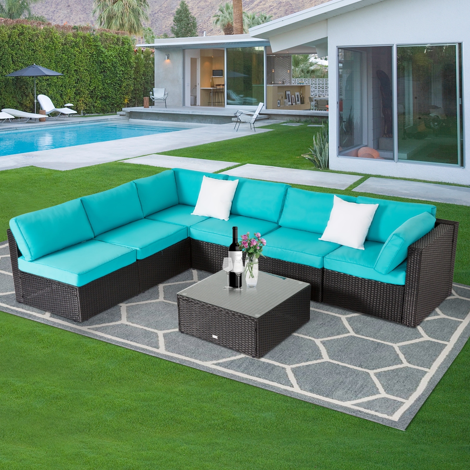 Kinbor 7 piece Outdoor Cushioned Wicker Patio Furniture Set