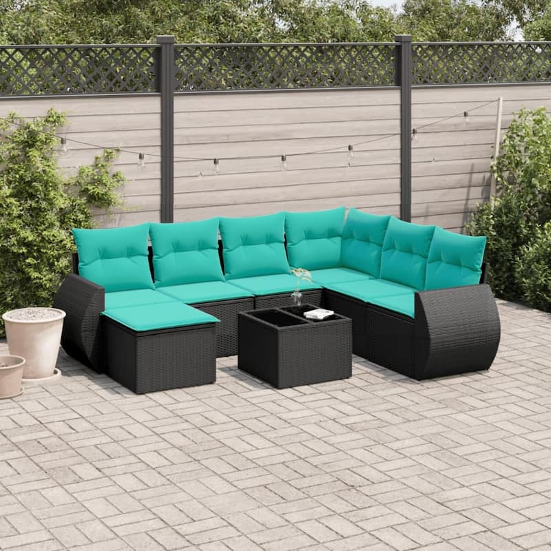 vidaXL 7 Piece Patio Sofa Set with Cushions Grey Poly Rattan - 24.4" x 24.4" x 27.2" - Black and blue With table
