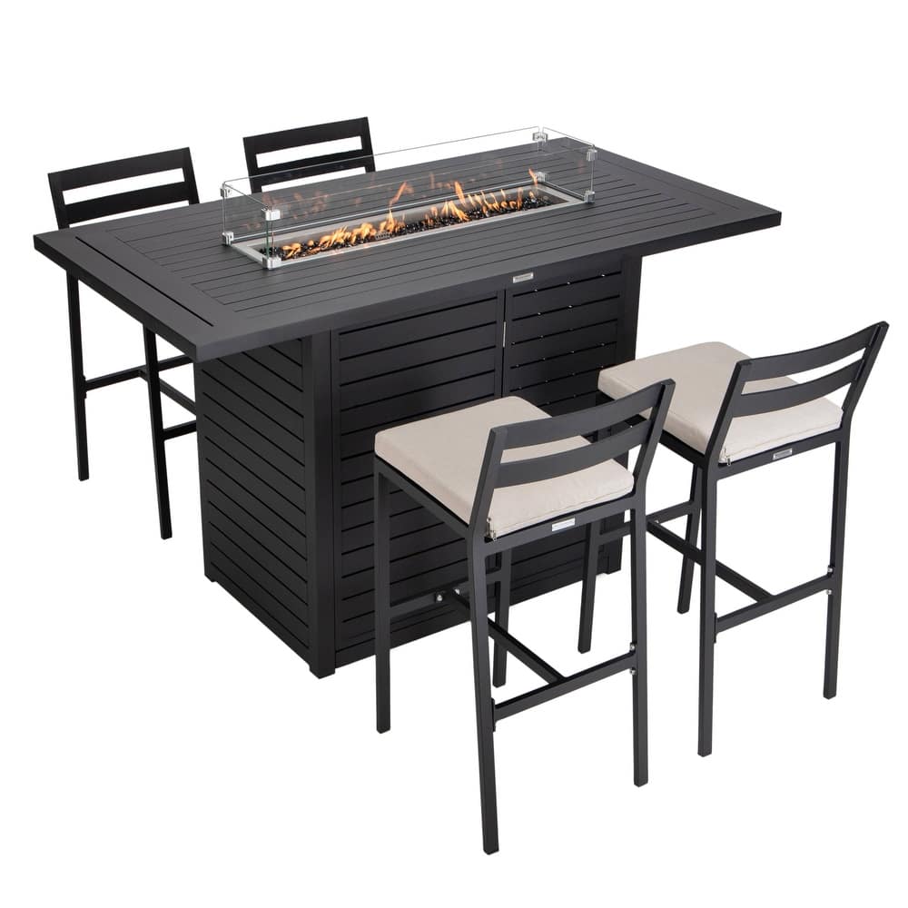 Leisuremod Modern 5-Piece Outdoor Patio Dining Bar Set Aluminum Rectangular Fire Pit Table and 4 Barstool