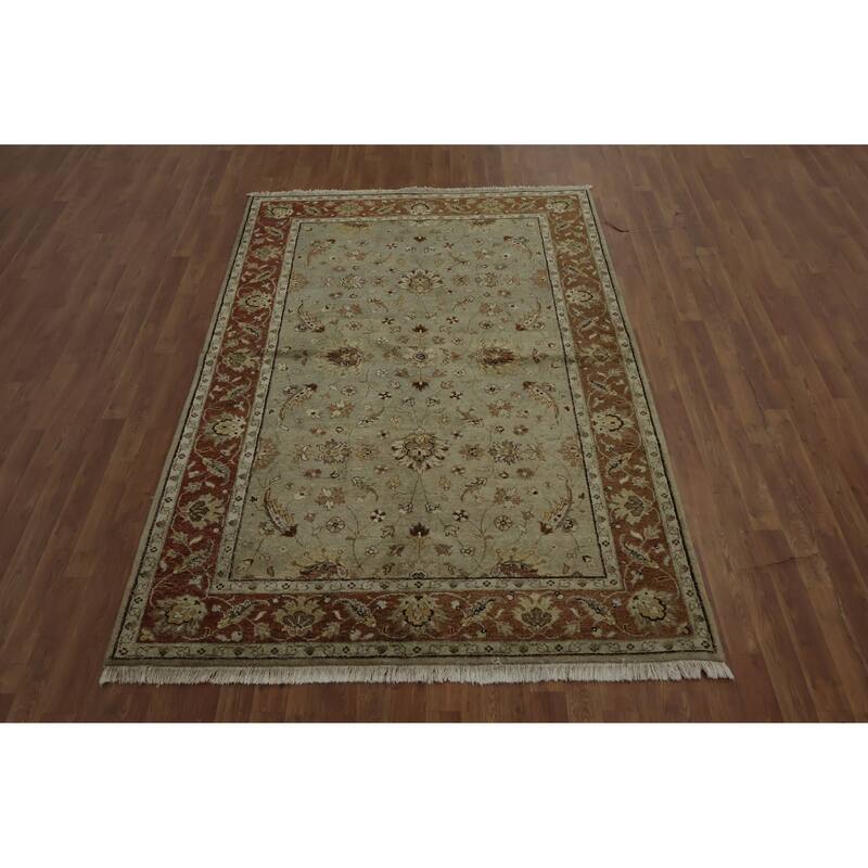 Hand Knotted Oriental 100% Wool Carpet Transitional Floral Green Oushak Area Rug - 8' 0'' X 5' 1''