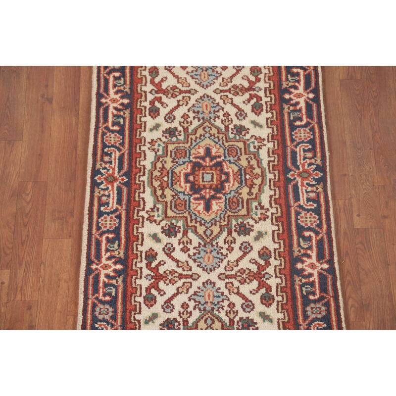 Geometric Heriz Serapi Runner Rug Hand-Knotted Wool Carpet - 2'6"x 7'11"
