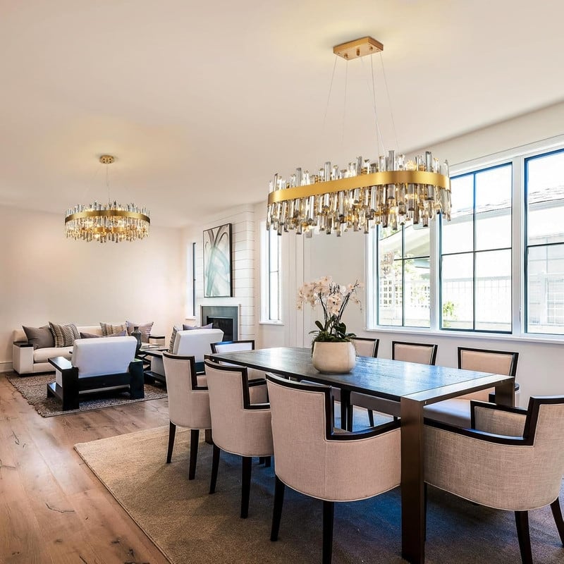 35.4'' Modern Crystal Chandelier 16-Light Rectangle Gold Brass Chandelier Luxury 2-Tier Crystal Pendant Light for Kitchen Island