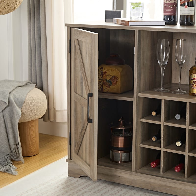 Rustic Bar Cabinet with 9-Bottle Wine Rack, Adjustable Shelves, and Barn Door Design
