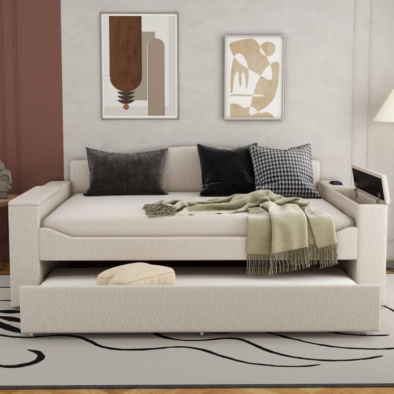 Sofa bed with storage arms, trundle bed and Bluetooth stereo - Beige - Full