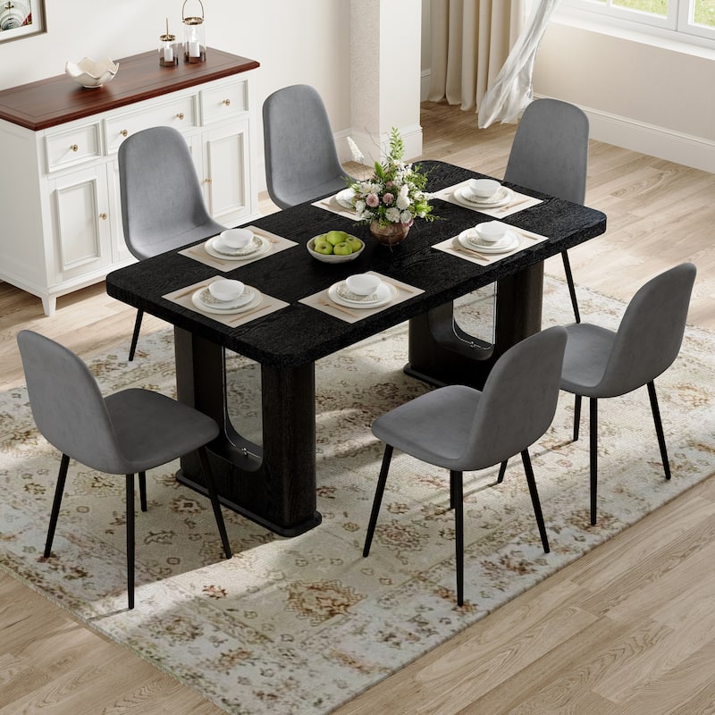 7-Piece Modern Dining Table Set, 64.5x35.4 Inch Textured Wood Table & 6 High-Resilience Fabric Chairs with Metal Legs