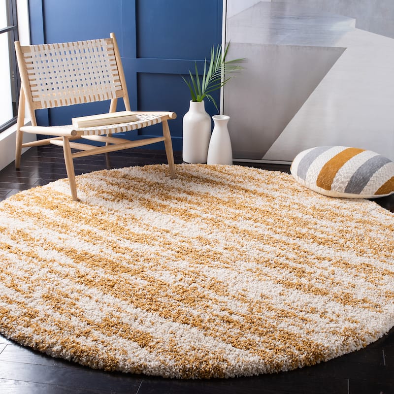 SAFAVIEH Hudson Shag Lulzime Modern Abstract 2-inch Thick Rug - 7' Round - Ivory/Gold - Round