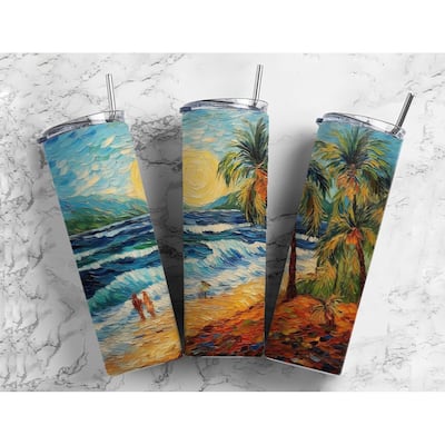 Walk on Beach Shore 20 Oz Skinny Metal Tumbler w/Lid and Straw - Multi