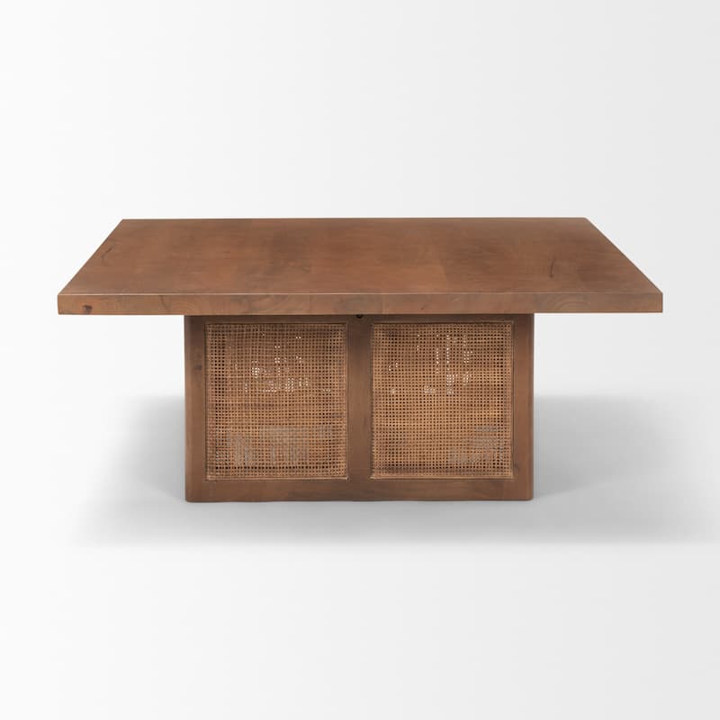 HomeRoots 42" Brown and Natural Solid Wood and Wicker Square Double Pedestal Coffee Table - 42' X '17' X '42