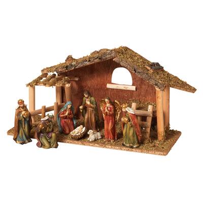 9 Piece Resin Nativity Scene with Moss Stable - N/A