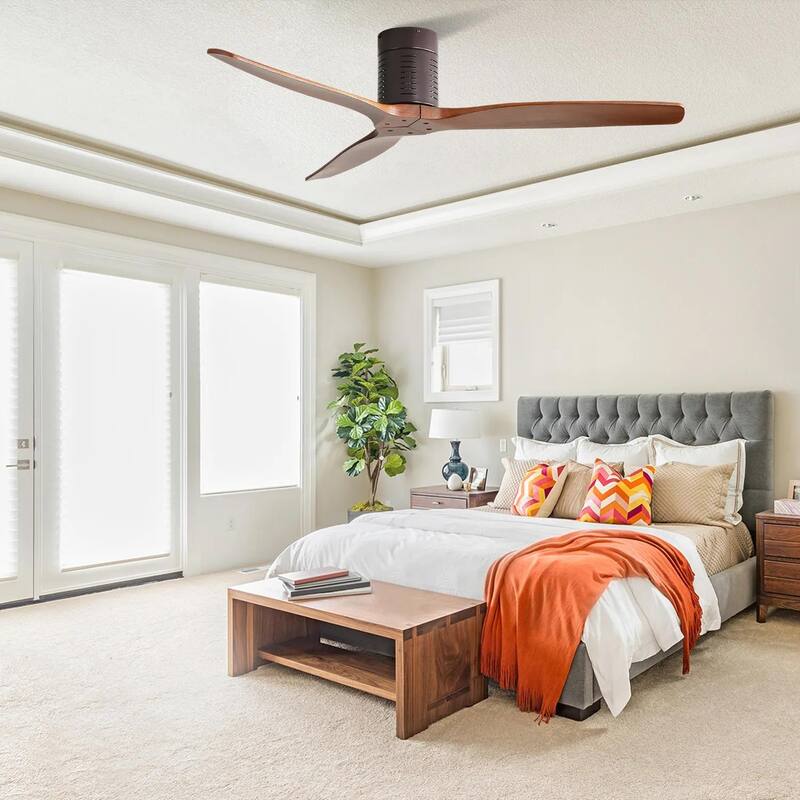 52 inch Flush Mount Ceiling Fan without Light, Indoor/Outdoor Solid Wood Remote Control Ceiling Fan with 3 Reversible Blades