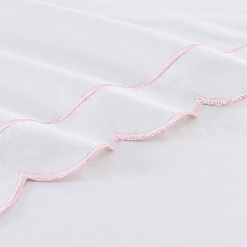 Percale Cotton Scalloped Embroidered Crisp Sheet Set - 4pcs Queen Set - Pink