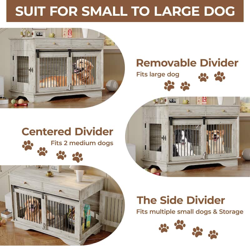 Furniture Style Dog Crate with Divider, Storage Drawers and 3 Doors