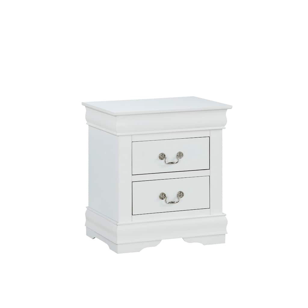 Elegant White Nightstand with Antique Brass Pulls, Solid Wood Construction