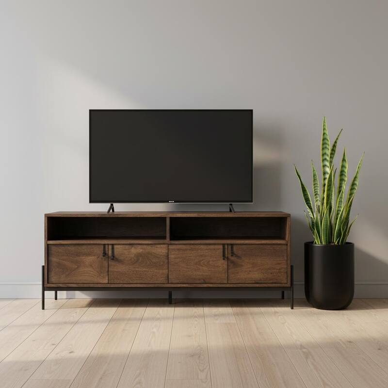HomeRoots 62" Brown and Black Solid Wood Cabinet Enclosed Storage TV Stand - 18