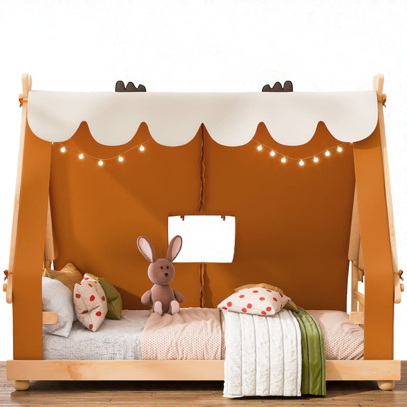 Twin/Full House Bed with Detachable Tent and Skylight, Kids Cabin Bed with Canopy, Light, and Forest-Themed Accents