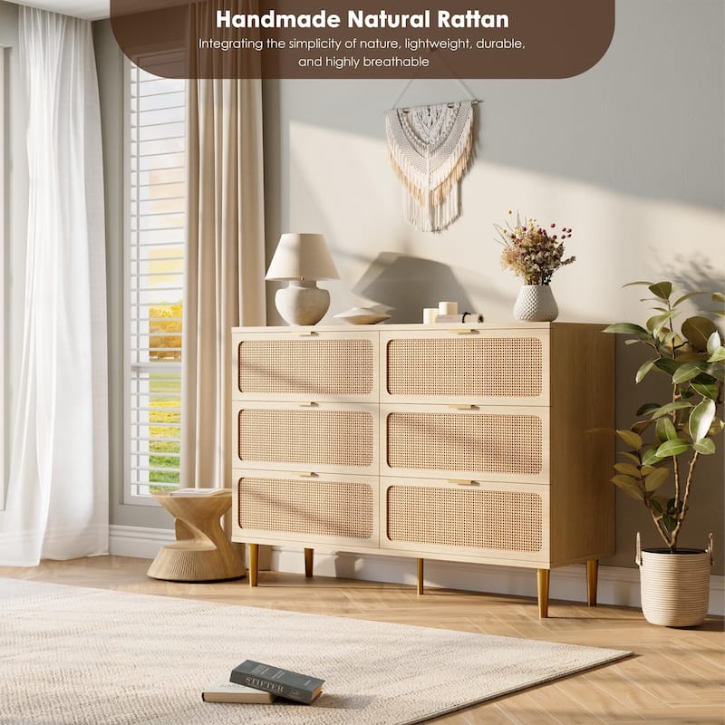 Rattan 6 Drawer Dresser for Bedroom, Large Double Dresser with Deep Drawers