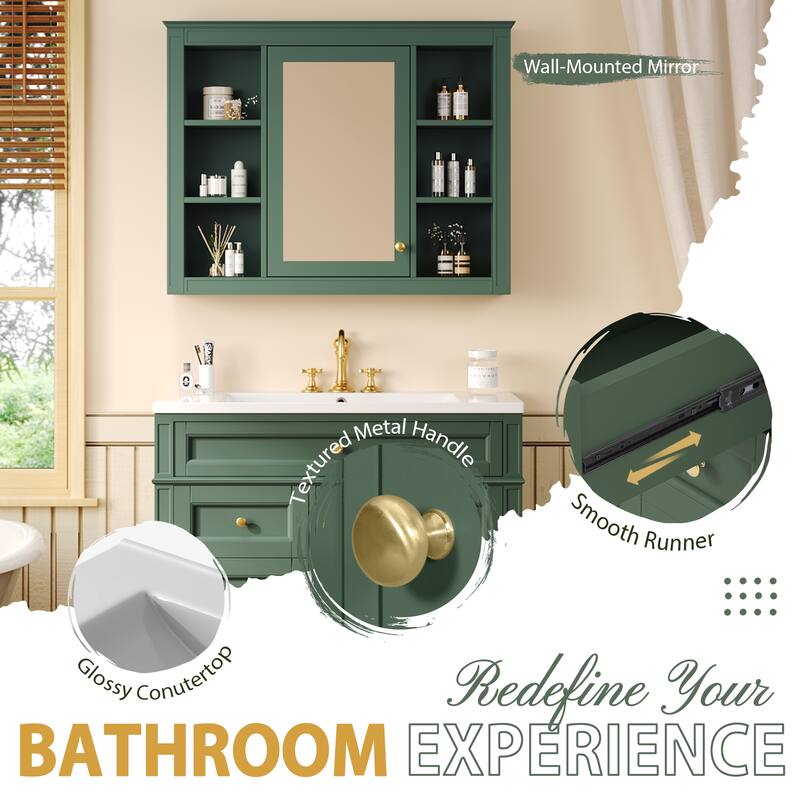 Bathroom Vanity Set with Medicine Cabinet, Mirrored Cabinet with Open Compartments, Storage Cabinet w/ Drawers & Door Organizer