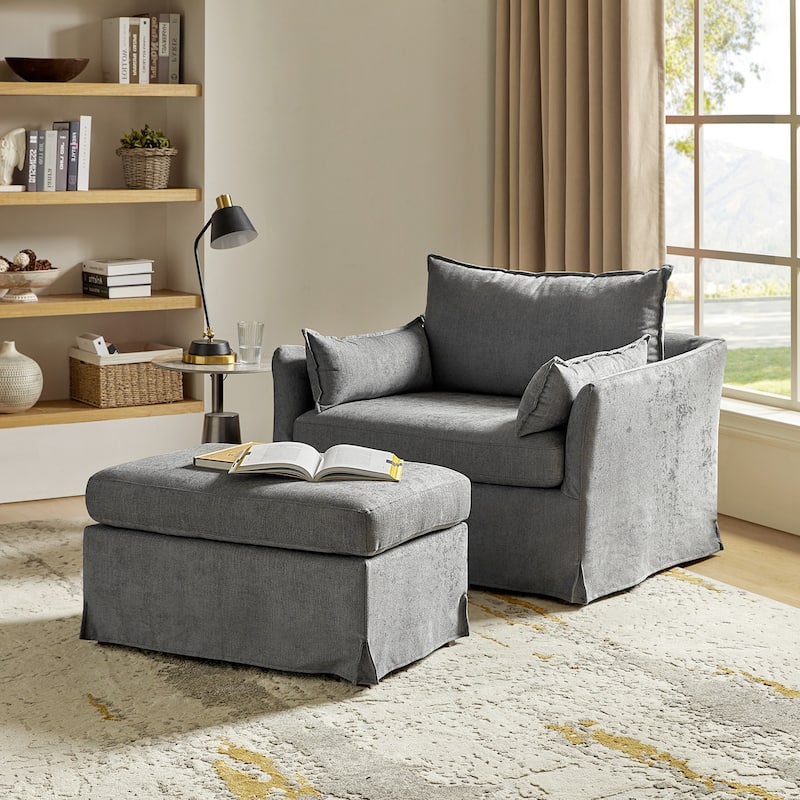 Sophie Modern Oversized Slipcovered Armchair and Ottoman with Lockable Rear Wheels by HULALA HOME