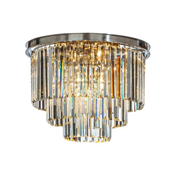 slide 2 of 6, 6-Lights Modern 3-Tier Round Fringe Crystal Flush Mount Light Satin Nickel