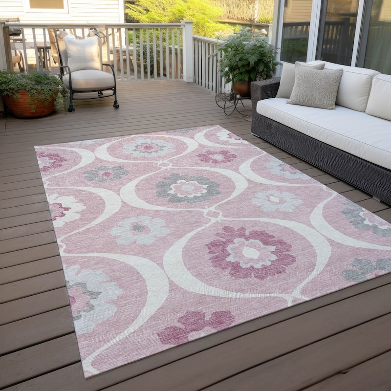 Machine Washable Indoor/ Outdoor Chantille Floral Geo Rug - Pink - 10' x 14'