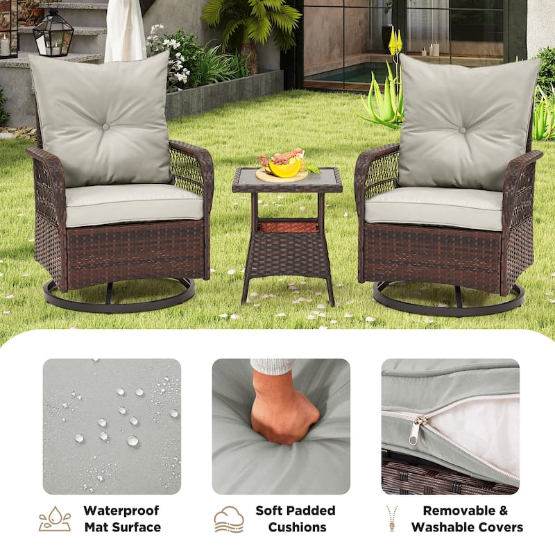 3-Piece Outdoor Rocking/Swivel Chair Set - PE Rattan Patio Furniture with Cushions & Coffee Table, Rocker Chairs for Backyard