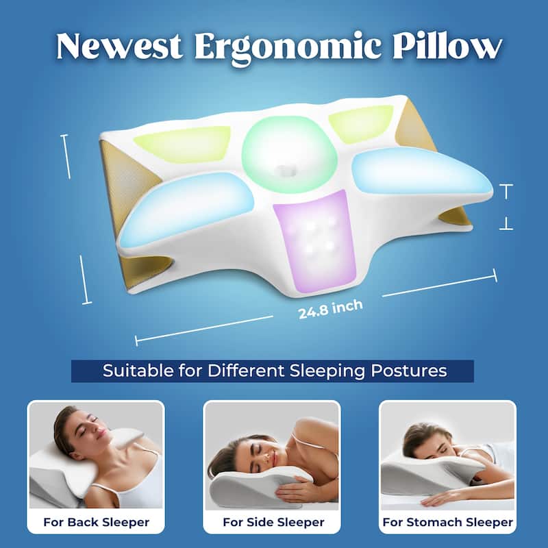 Cooling Gel Memory Foam Contour Pillow, OX Horn Cervical Pillow - White & Grey - White & Grey