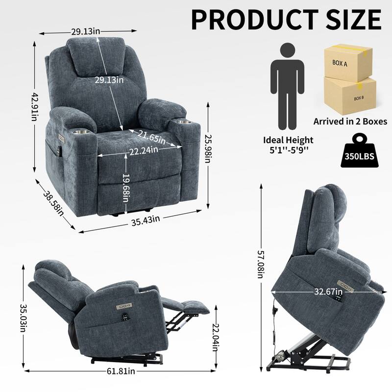 Roomfitters Power Lift Recliner Chair with Heat Massage USB C Charging Ports Heavy Duty Fabric Sofa with Cup Holders, Blue