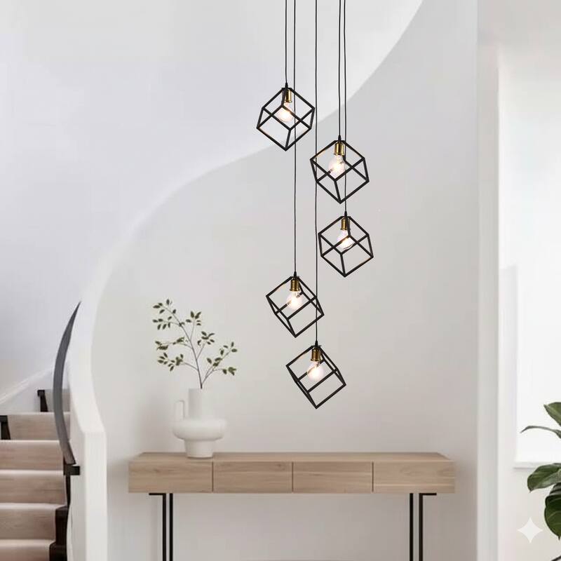 5-Light Chandelier, Geometric Square/Cube Cluster Pendant Lights with Adjustable Height - Black