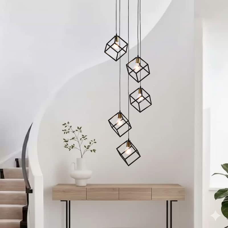 Geometric Pendant Chandelier for Stairway / Staircase, Adjustable Height 5 or 7 Light Cluster - 5 Light Cluster