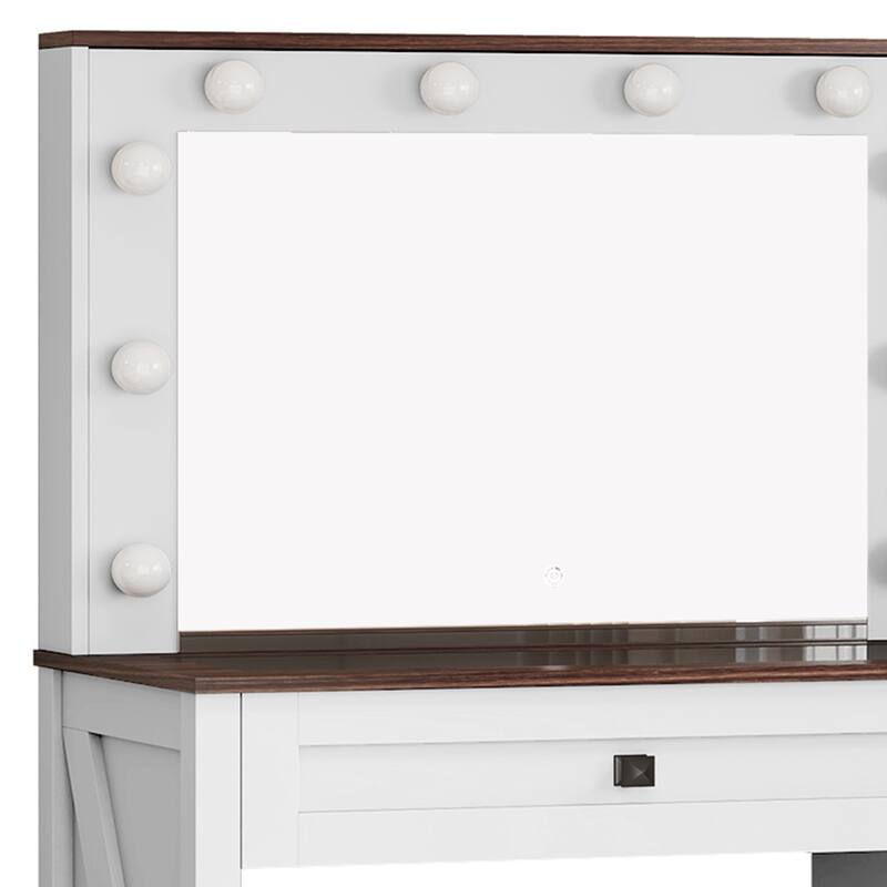 Moasis Farmhouse Makeup Vanity Desk Set with Mirror and Lights, Charging Station and Storage Stool