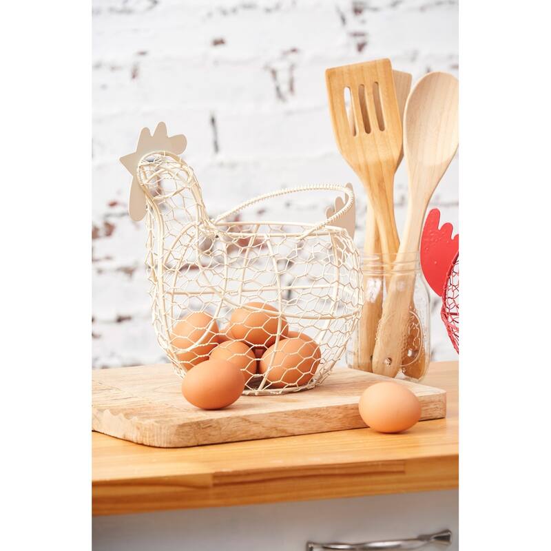 11.5 Antique White Farmhouse Vintage Chicken Egg Wire Basket with Handle for Kitchen Living Room Home Decor Storage Collecting