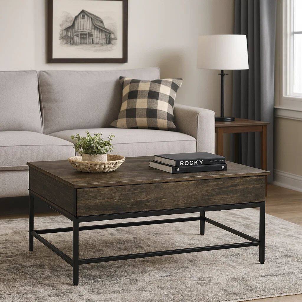 Sean 39 Inch Storage Coffee Table, Lift Top, Steel Frame, Burnt Brown