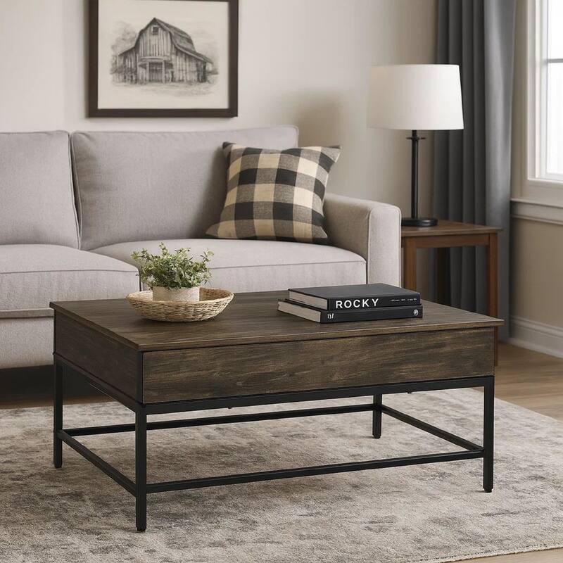 Sean 39 Inch Storage Coffee Table, Lift Top, Steel Frame, Burnt Brown