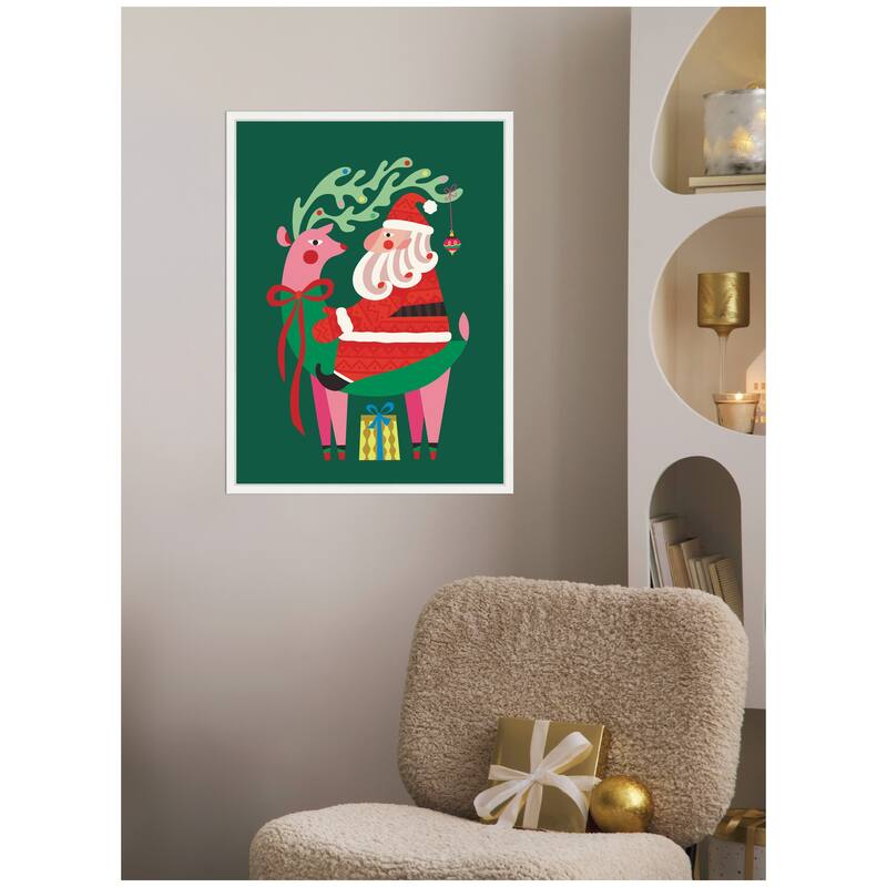 Kate and Laurel Framed Canvas Santa and Reindeer by Rachel Lee