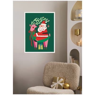 Kate and Laurel Framed Canvas Santa and Reindeer by Rachel Lee