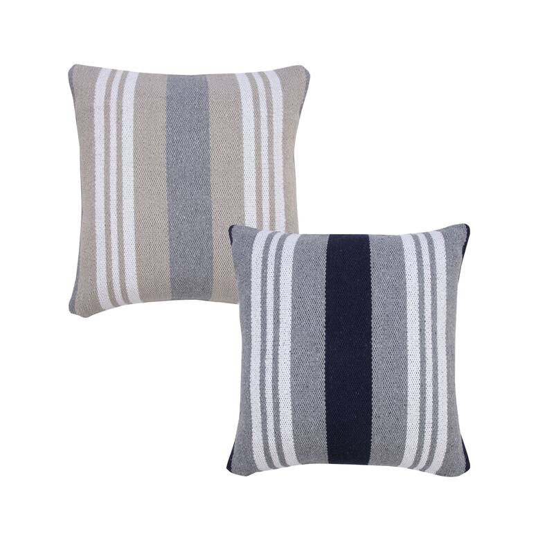 20" White and Blue Double Striped Square Throw Pillow