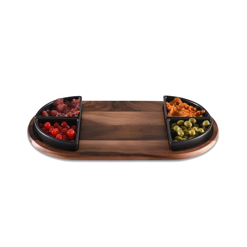Charcuterie/ Serving Tray w/ 4 black triangular ceramic bowls ]