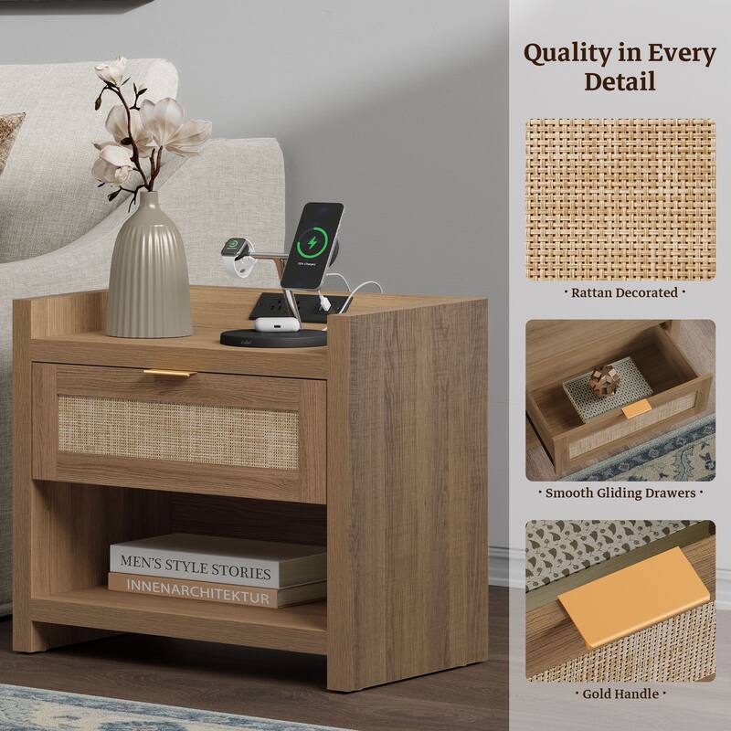 Farmhouse Nightstand with Charging Station and Drawers