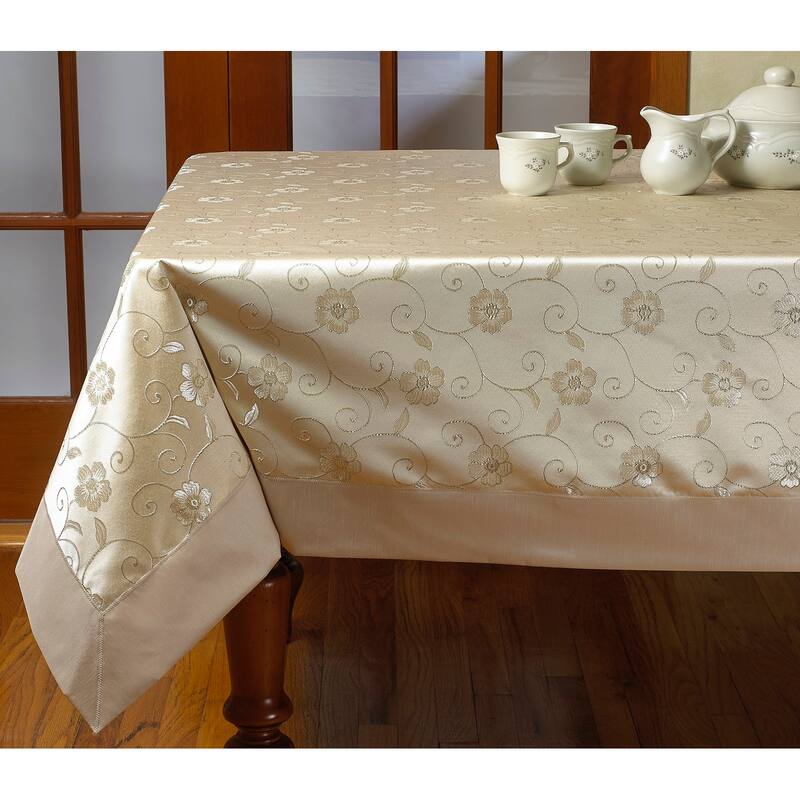 Violet Linen Sunflower Elegant Embroidered Flower Pattern Tablecloth - 70" Round - Gold