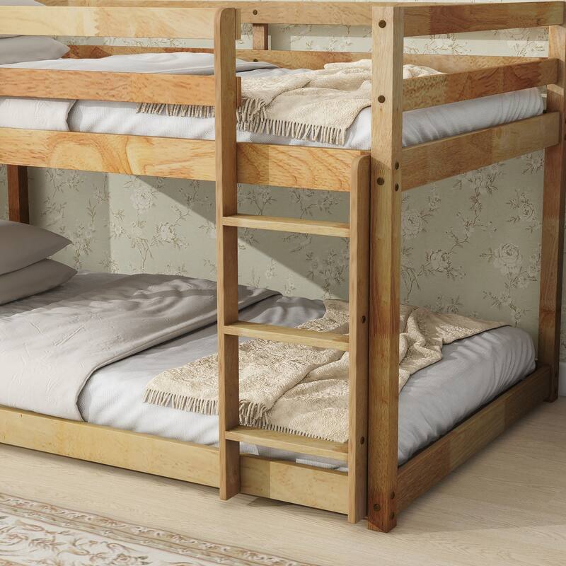 Wooden Twin over Twin Floor Bunk Bed with Ladder ,Upper and Bottom Bed Platforms